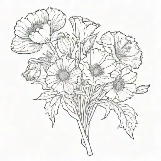 a bouquet with one california poppy, one aster, one daffodil, two lily of the valleys, one marigold, and one narcissus tattoo design idea