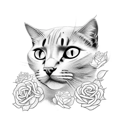 Black cat head surrounded by roses tattoo design idea