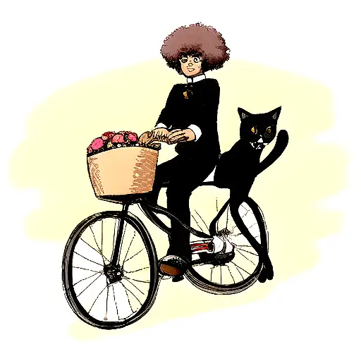 black boy with an afro hair rides a bike with a black cat in its basket tattoo design idea