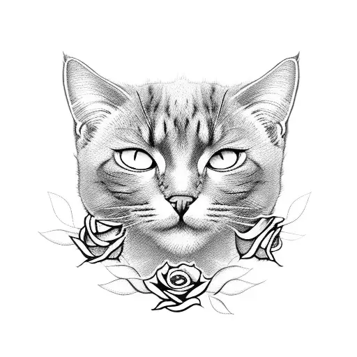 horizontal design Black cat head surrounded by roses tattoo design idea