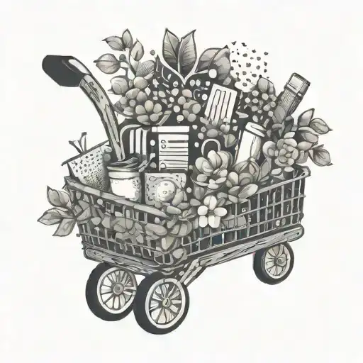 A shopping cart overflowing with various items, surrounded by delicate dotwork floral patterns tattoo design idea