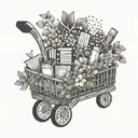 A shopping cart overflowing with various items, surrounded by delicate dotwork floral patterns tattoo design idea