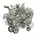 A shopping cart overflowing with various items, surrounded by delicate dotwork floral patterns tattoo design idea