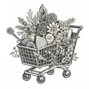 A shopping cart overflowing with various items, surrounded by delicate dotwork floral patterns tattoo design idea
