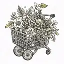 A shopping cart overflowing with various items, surrounded by delicate dotwork floral patterns tattoo design idea