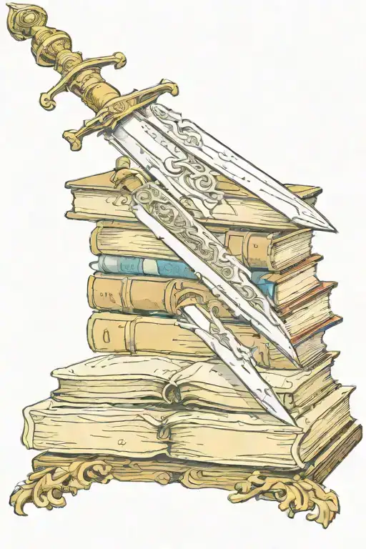 delicate double edged European sword with jewels surrounded by worn, gilded books. nostalgic and peaceful feeling tattoo design idea