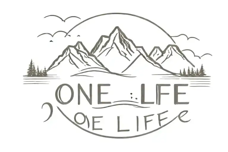 Picture a serene mountain range in the background, with a calm lake nestled at their base. The words "one life" are subt tattoo design idea