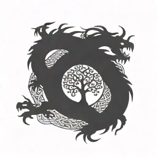 celtic tree of life intertwined with celtic dragon. the focus should be on the tree. dragon connected with tree tattoo design idea