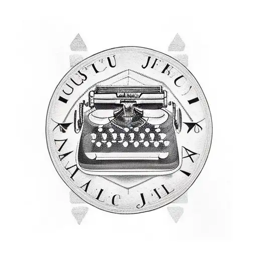 A blackwork design of an old-fashioned typewriter with the words 'Justice Prevails' written on the paper tattoo design idea