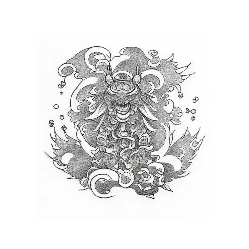 A tattoo combining elements of anime and Japanese symbols in a blackwork style tattoo design idea