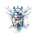 A realistic portrait of a samurai warrior surrounded by swirling cherry blossom petals, symbolizing honor and loyalty tattoo design idea