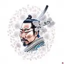 A realistic portrait of a samurai warrior surrounded by swirling cherry blossom petals, symbolizing honor and loyalty tattoo design idea