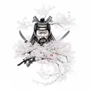 A realistic portrait of a samurai warrior surrounded by swirling cherry blossom petals, symbolizing honor and loyalty tattoo design idea