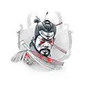 A realistic portrait of a samurai warrior surrounded by swirling cherry blossom petals, symbolizing honor and loyalty tattoo design idea