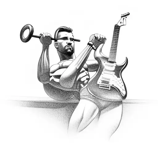 A muscular figure playing a guitar while lifting weights tattoo design idea