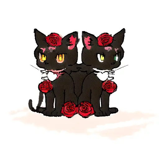 two cats(one black and the other withe with tiggered black and dark colors ) sorrounded by a roses heart tattoo design idea