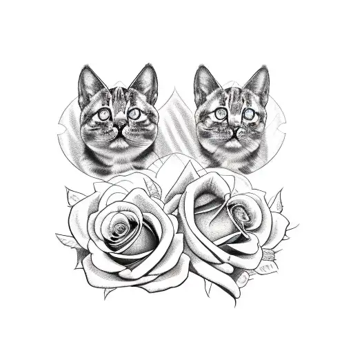 two cats(one black and the other withe with tiggered black and dark colors ) sorrounded by a roses heart tattoo design idea