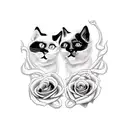 two cats(one black and the other withe with tiggered black and dark colors ) sorrounded by a roses heart tattoo design idea