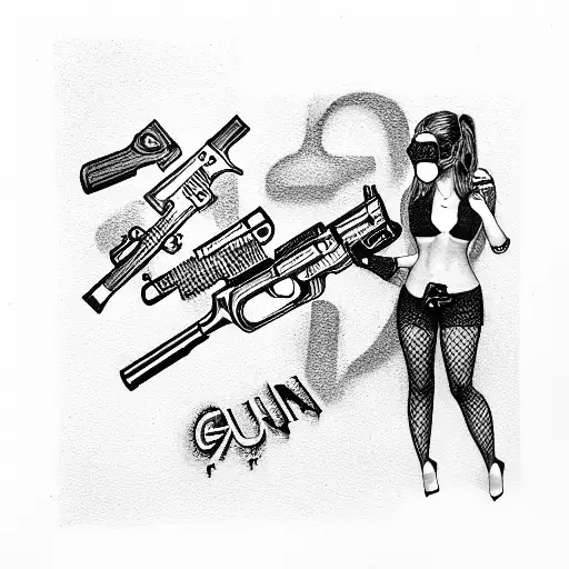 gun, Girls, drugs, sigarets, black, money, mask tattoo design idea