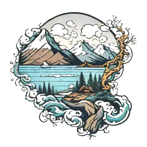 Snow topped mountain  in the middle of lots of islands tattoo design idea