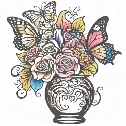 flower in vase butterfly emerging tattoo design idea