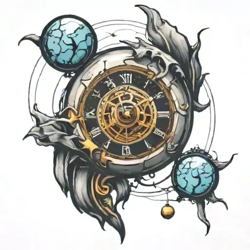 planet and  broken clock tattoo design idea
