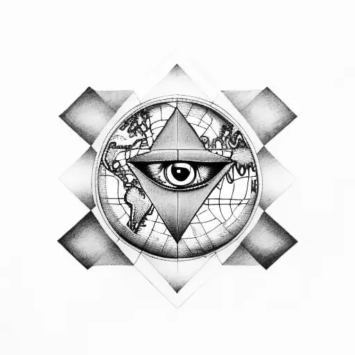 triangle with eye in the middle with world map tattoo design idea