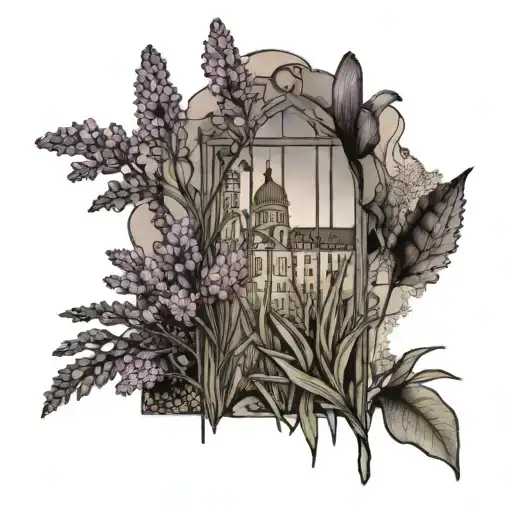 Lavender Sea Grass Mimosa Flowers Lupines (Possibly) Eucalyptus (Possibly) Window with every pane a different city  tattoo design idea