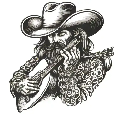 Picture a Spanish flamenco guitarist with long hair, a bandholz beard, a cowboy hat on his head, a cigarette in his mout tattoo design idea