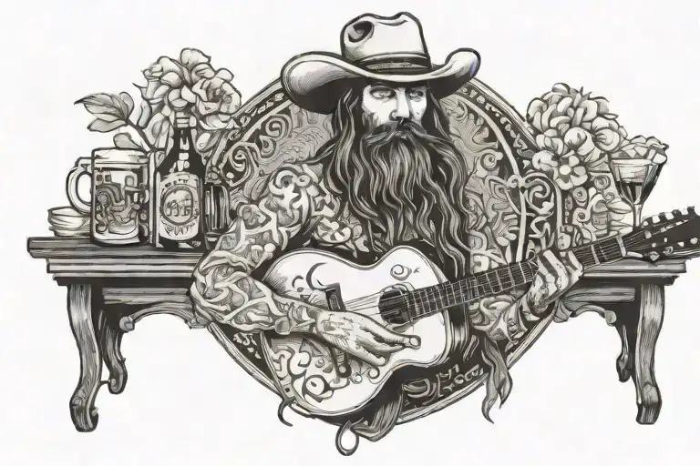 Spanish flamenco guitarist with long hair, bandholz beard, shirt, cowboy hat, smoking, playing guitar, holding beer. tattoo design idea