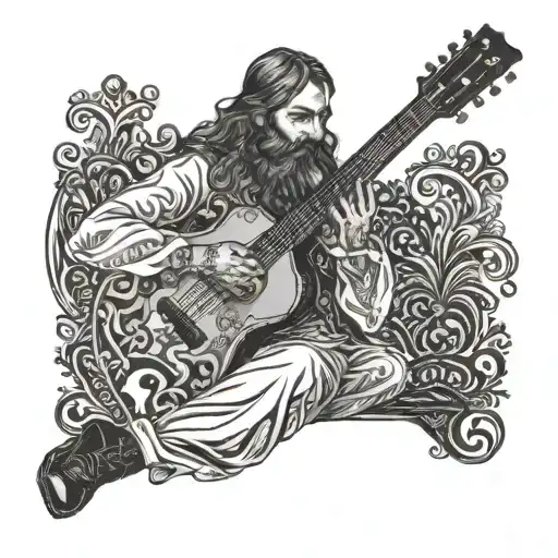 Imagine a Spanish flamenco guitarist man with long hair and a bandholz beard type and sitting and playing the guitar in  tattoo design idea