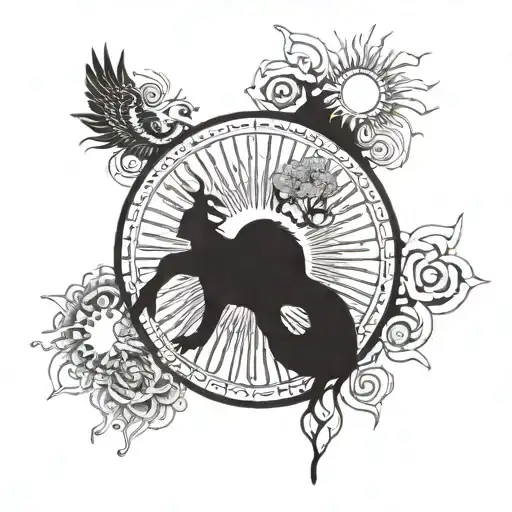 wheel of dharma inside the sun with sun rays shooting outward and elements of the four animals of buddhism tattoo design idea