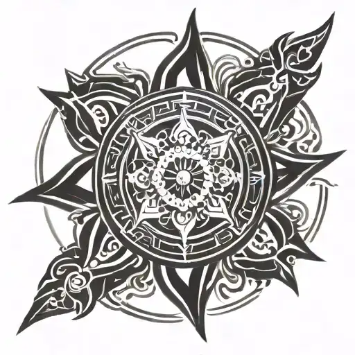 wheel of dharma surrounded by sun rays tattoo design idea