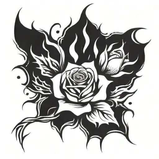 A tattoo design of a rose engulfed in flames with words " Blame it on my masochism, babe" tattoo design idea