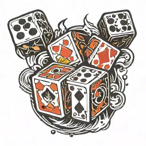 gambling cubes with 7 dots on one and 3 dots on another one in fire flames tattoo design idea