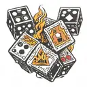 gambling cubes with 7 dots on one and 3 dots on another one in fire flames tattoo design idea