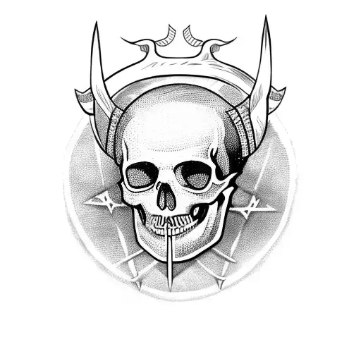 A skull wearing a Viking helmet surrounded by Norse runes tattoo design idea