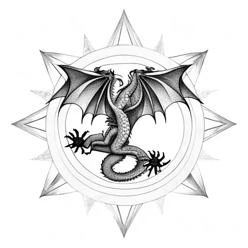 dragon Raven and wolf tattoo showing each animal's head in detail in the form of a heart or triangle with a compass tattoo design idea