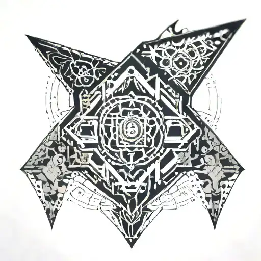 Full chestpiece with dark and light geometric patterns combined with stencil art graffiti designs tattoo design idea