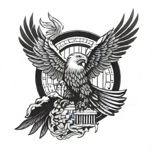 eagle and greek parthenon on the full arm with a wolf on the forearm tattoo design idea