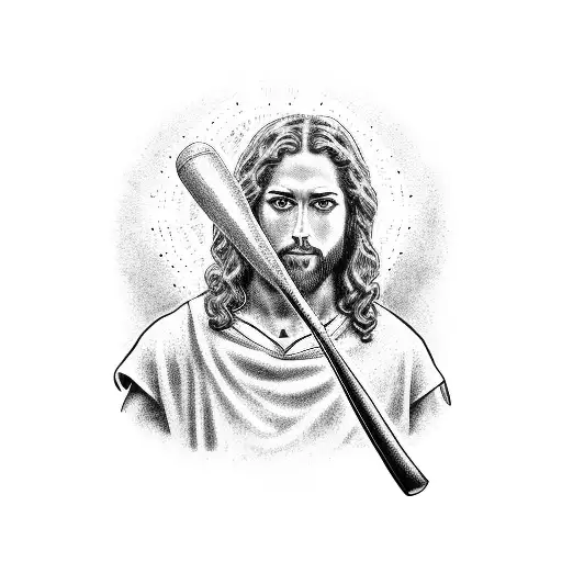 A dotwork representation of Jesus holding a Cleveland Indians baseball bat tattoo design idea
