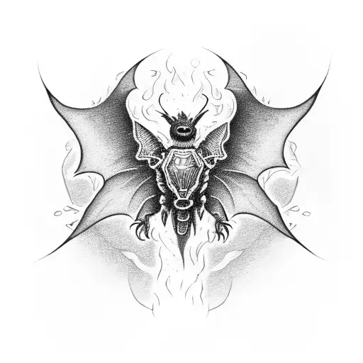 A dotwork design of a motorcycle engulfed in flames with bats flying around it, symbolizing the passion for heavy metal and motorcycles tattoo design idea