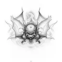 A dotwork design of a motorcycle engulfed in flames with bats flying around it, symbolizing the passion for heavy metal and motorcycles tattoo design idea