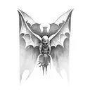 A detailed black and grey tattoo of a heavy metal guitar shaped like a bat with wings spread out tattoo design idea