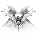 A detailed black and grey tattoo of a heavy metal guitar shaped like a bat with wings spread out tattoo design idea