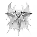 A detailed black and grey tattoo of a heavy metal guitar shaped like a bat with wings spread out tattoo design idea