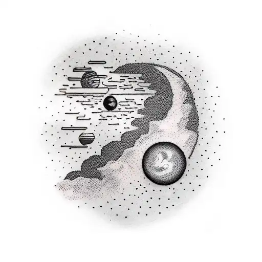 A dotwork tattoo of a surreal universe landscape with a hiker walking among the stars, incorporating elements of quantum physics and dark aesthetics tattoo design idea