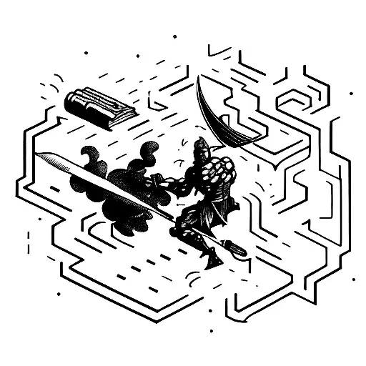 a man fighting dark figuers with a weapon symnolizing knowledge tattoo design idea