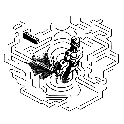 a man fighting dark figuers with a weapon symnolizing knowledge tattoo design idea