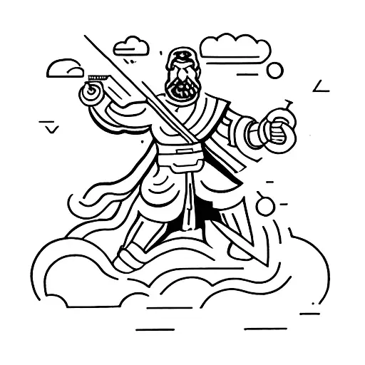 a man fighting dark figuers with a weapon symnolizing knowledge tattoo design idea